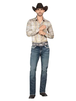 Pantalon Vaquero de Mezclilla Bordado Stretch Boot Cut para Hombre 'Montero' - ID: 4595