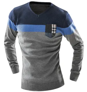 Patchwork Long Sleeve V-Neck Pullover