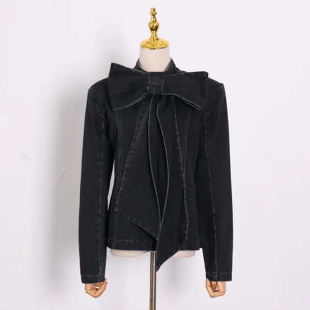 Ruched Bow Patchwork Denim Stand Collar Vintage Jackets