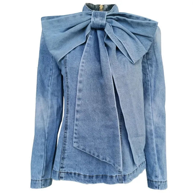 Ruched Bow Patchwork Denim Stand Collar Vintage Jackets