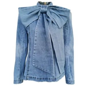 Ruched Bow Patchwork Denim Stand Collar Vintage Jackets