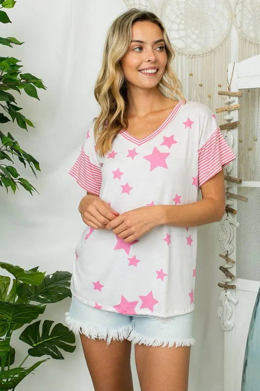 STAR PRINT STRIPE JERSEY BOXY TOP
