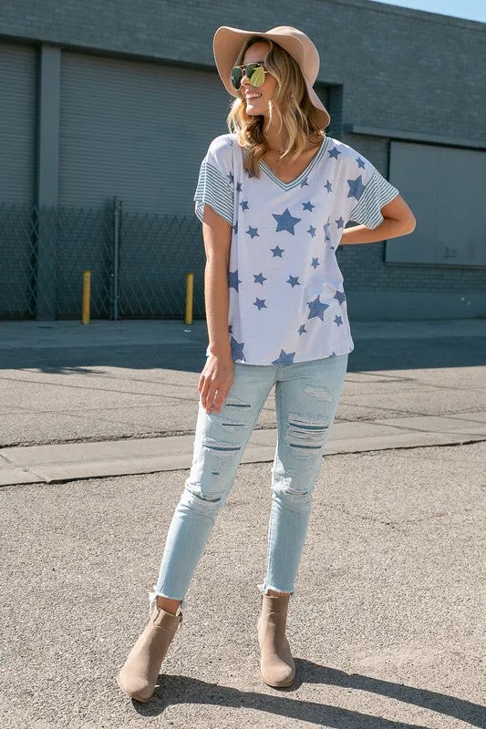 STAR PRINT STRIPE JERSEY BOXY TOP