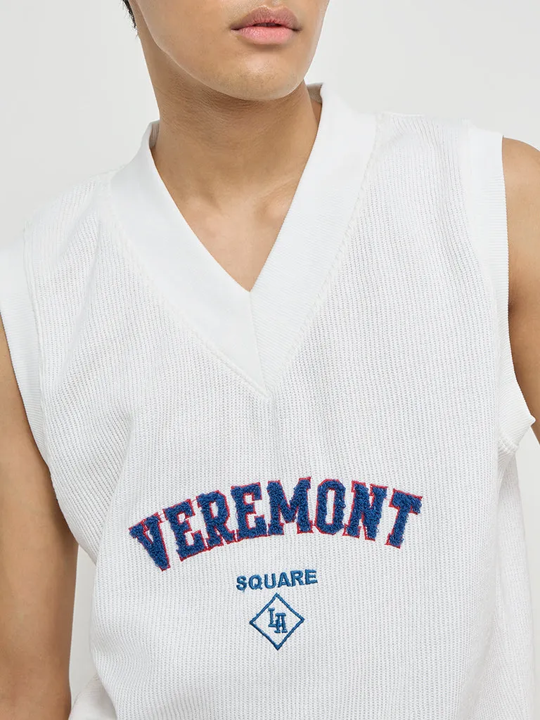 Studiofit White Text Embroidered Relaxed-Fit Cotton-Blend Vest