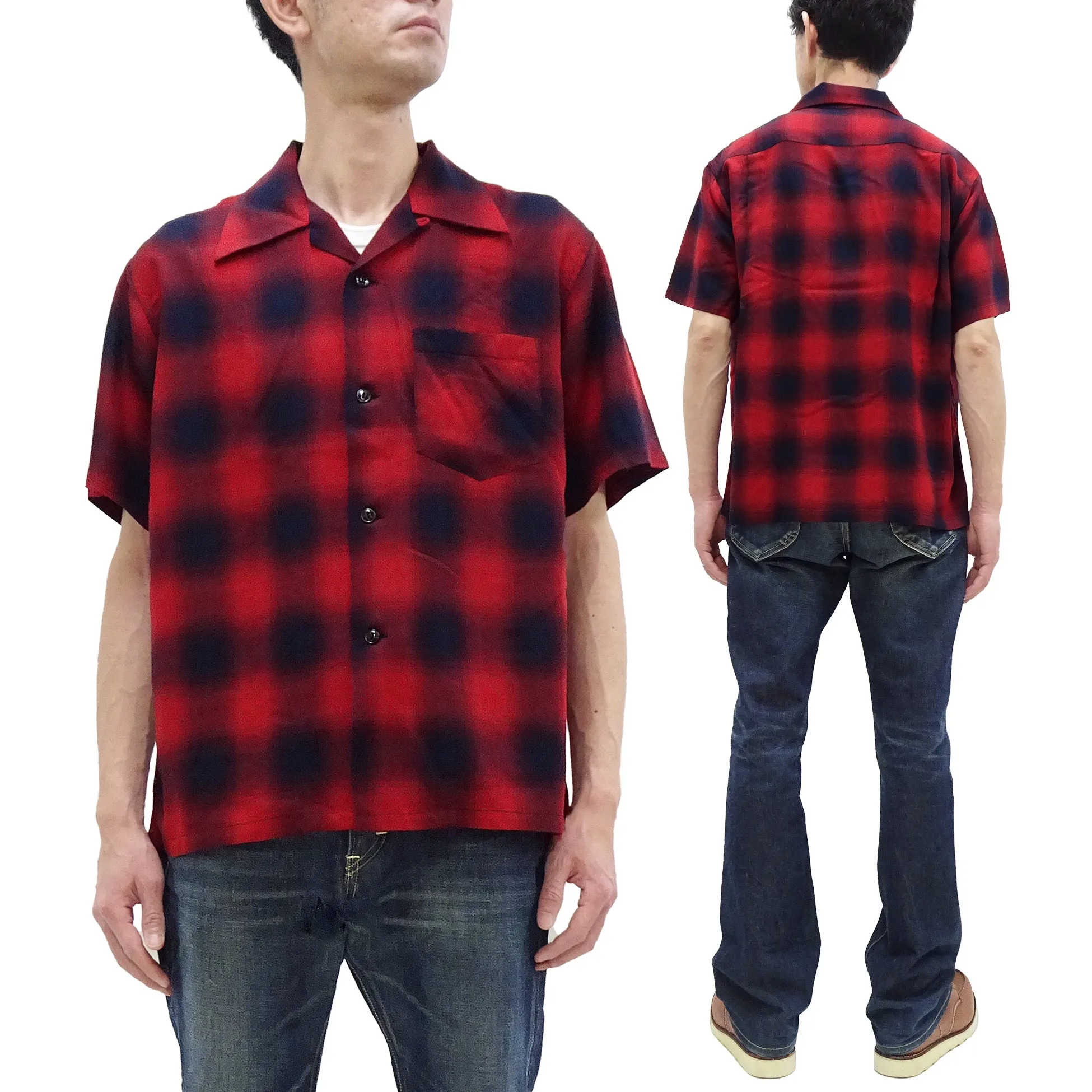 Sugar Cane Rayon Ombre Plaid Shirt Men's Oversized Fit Resort Collar Short Sleeve Casual Button Up Shirt SC39297 165 Red/Navy