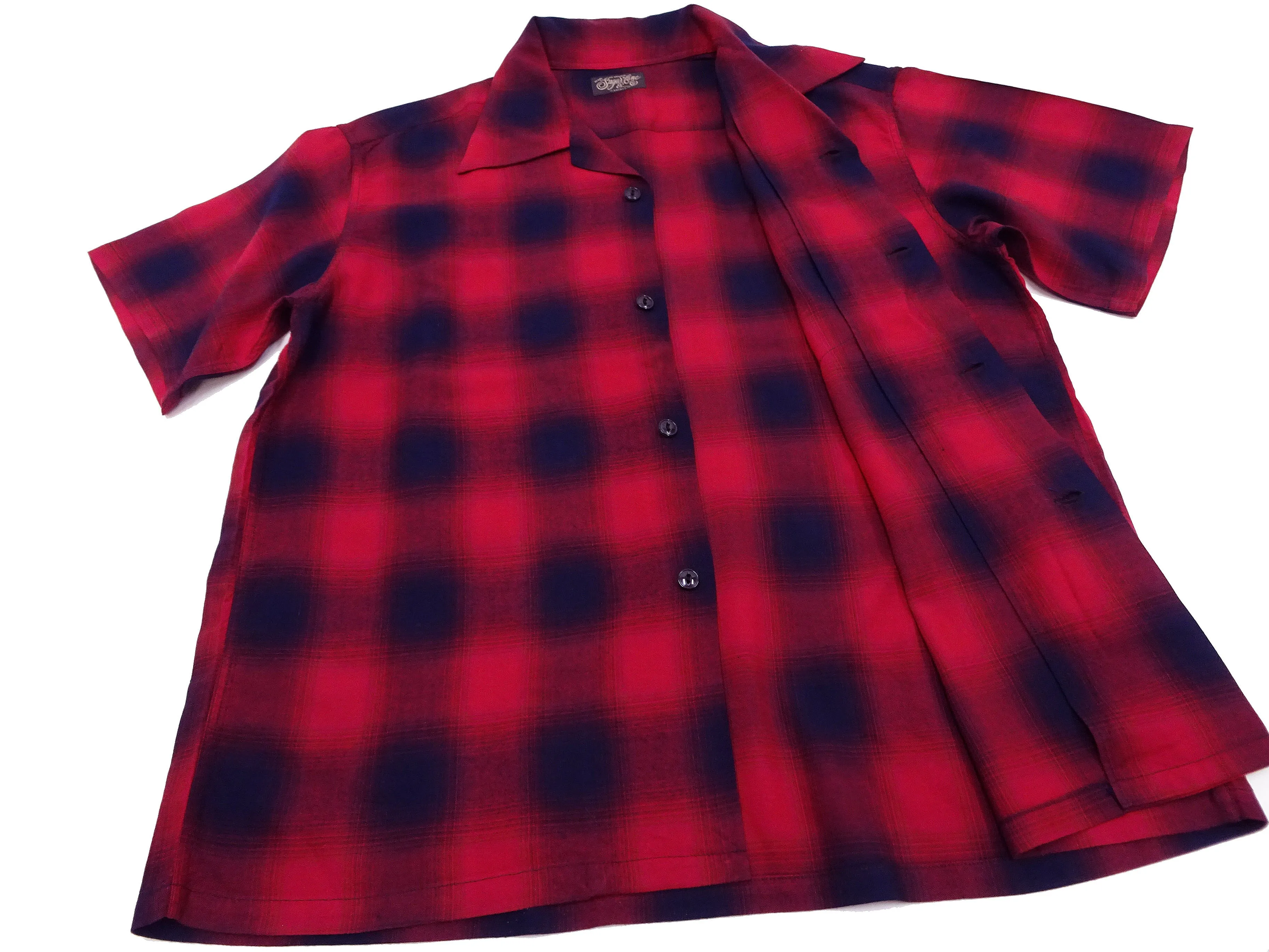Sugar Cane Rayon Ombre Plaid Shirt Men's Oversized Fit Resort Collar Short Sleeve Casual Button Up Shirt SC39297 165 Red/Navy