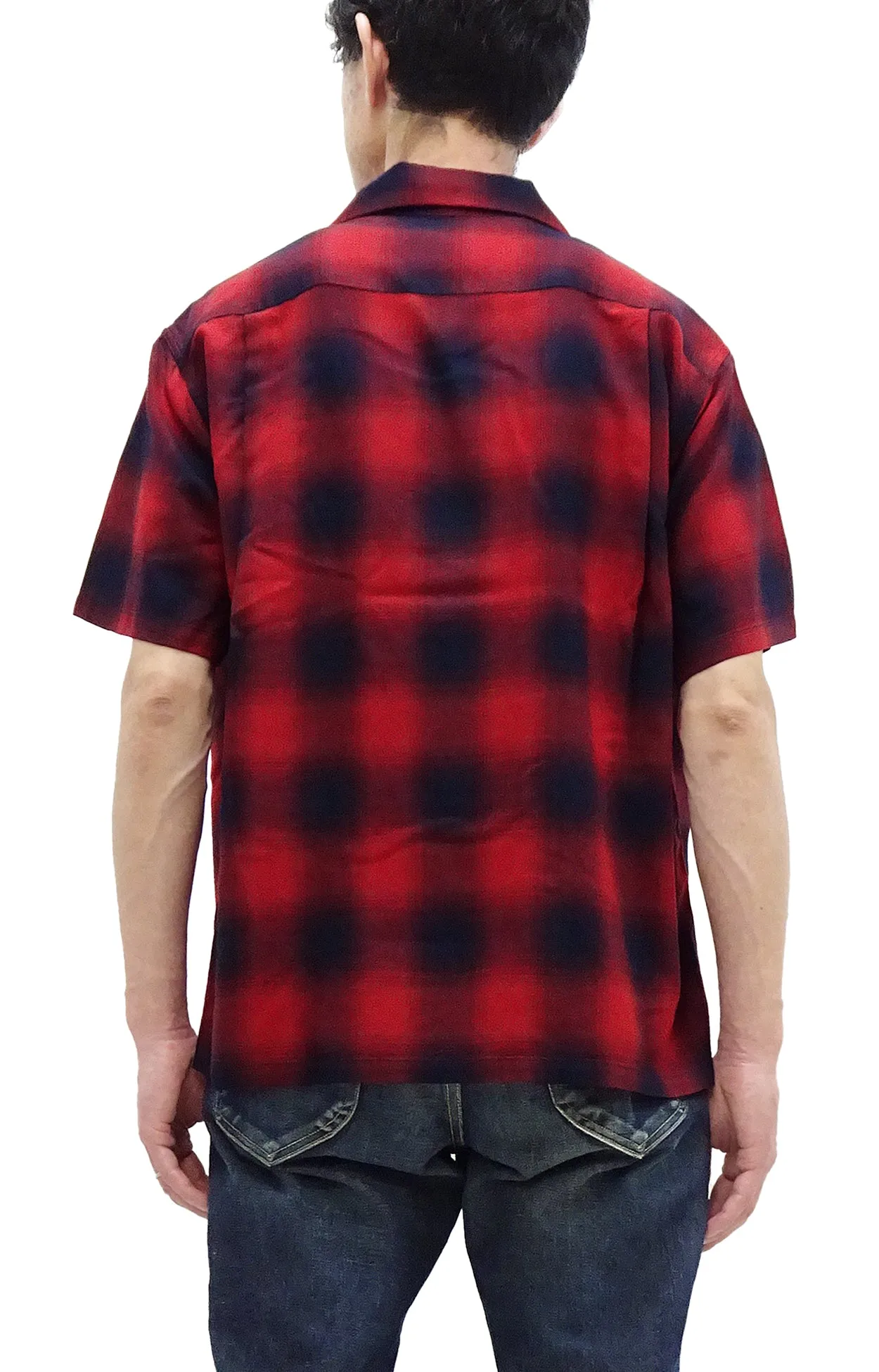 Sugar Cane Rayon Ombre Plaid Shirt Men's Oversized Fit Resort Collar Short Sleeve Casual Button Up Shirt SC39297 165 Red/Navy