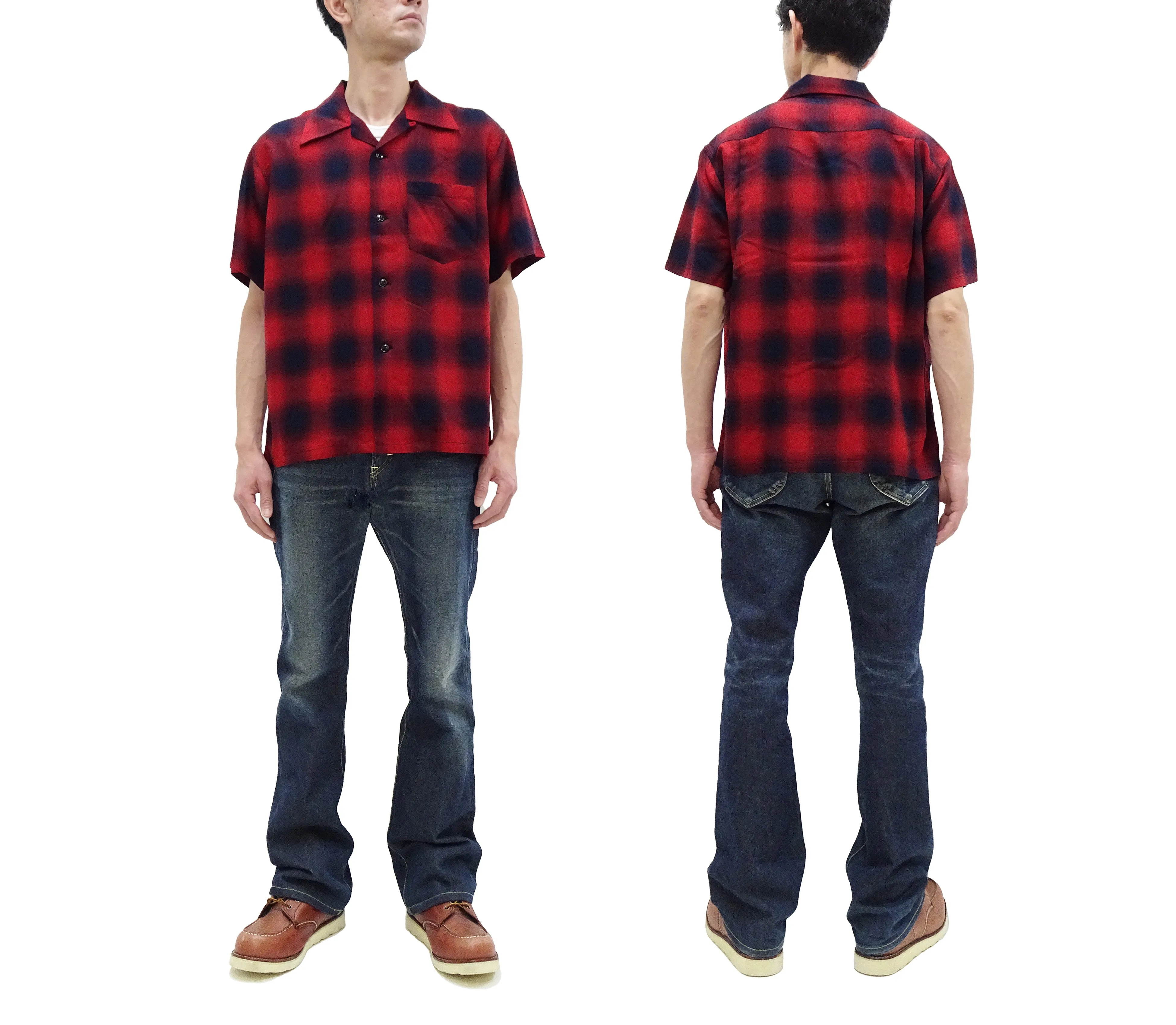 Sugar Cane Rayon Ombre Plaid Shirt Men's Oversized Fit Resort Collar Short Sleeve Casual Button Up Shirt SC39297 165 Red/Navy
