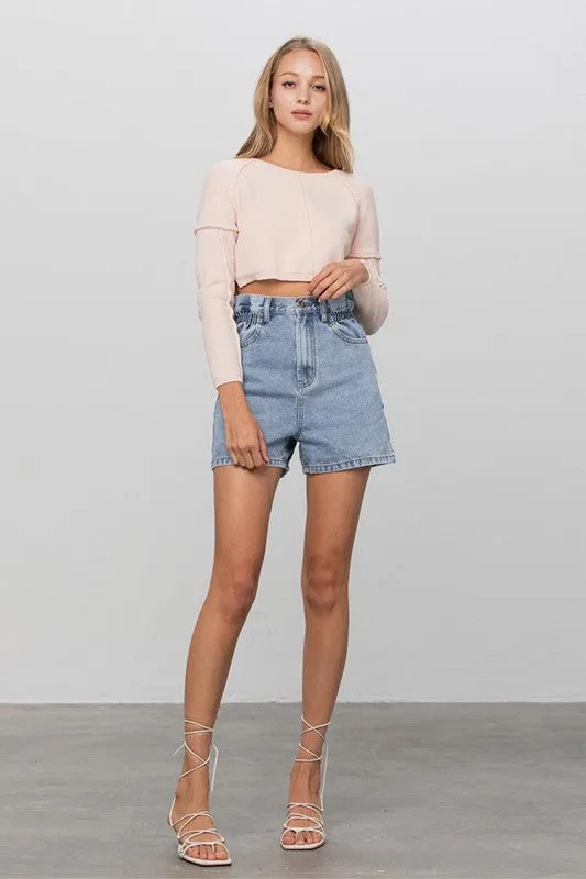 Super High Rise Elastic Waistband Denim Shorts