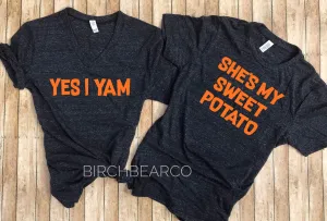 Tri-Blend V-Neck Shes My Sweet Potato Yes I Yam - Funny Thanksgiving Shirts - Matching Thanksgiving Shirts