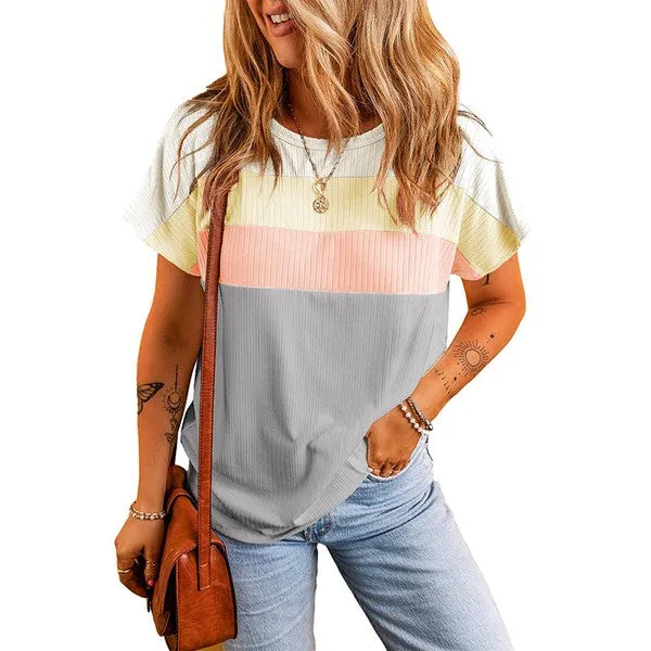 Women Ribbed Color Block Patchwork T-shirt