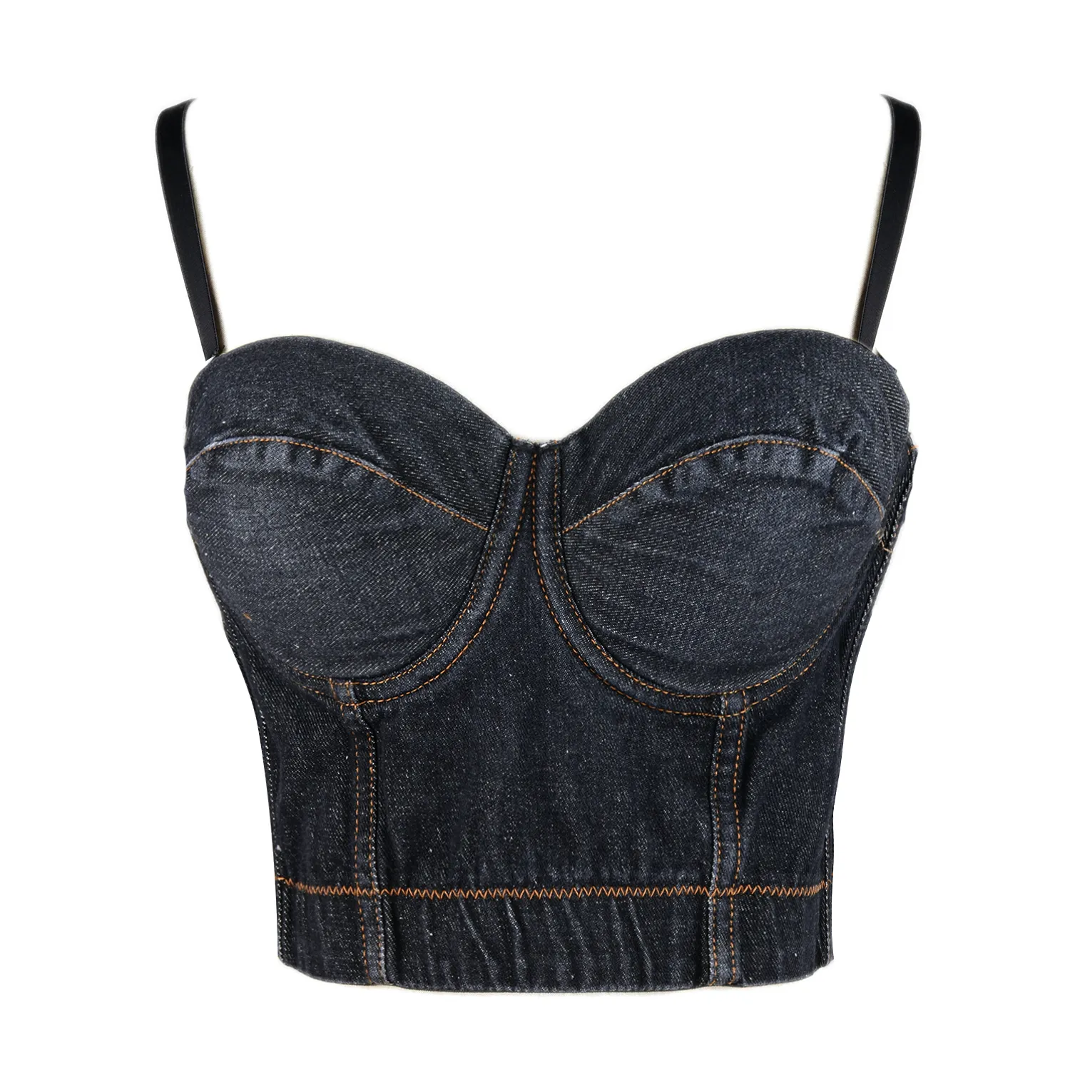 Women's Deium Bustier Crop Top Jean Corset Top Bra with Detachable Straps Black