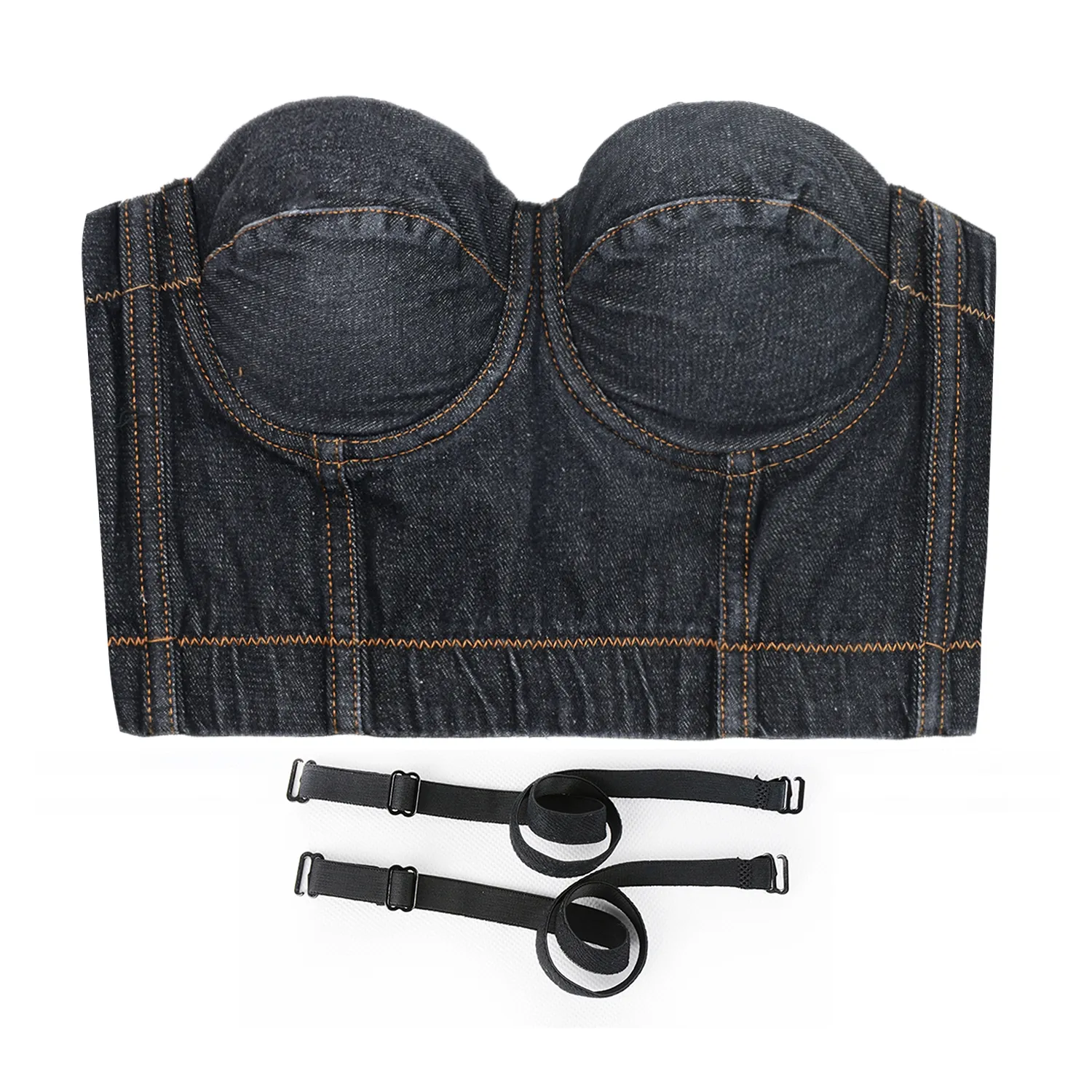 Women's Deium Bustier Crop Top Jean Corset Top Bra with Detachable Straps Black