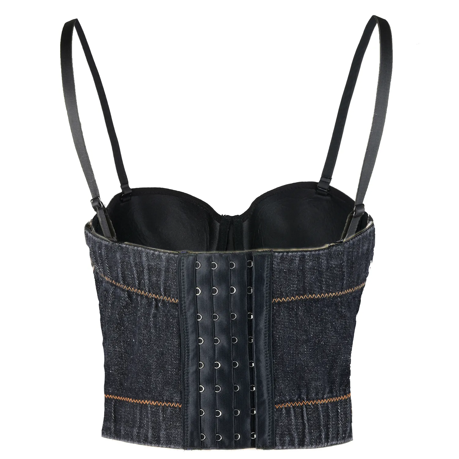 Women's Deium Bustier Crop Top Jean Corset Top Bra with Detachable Straps Black