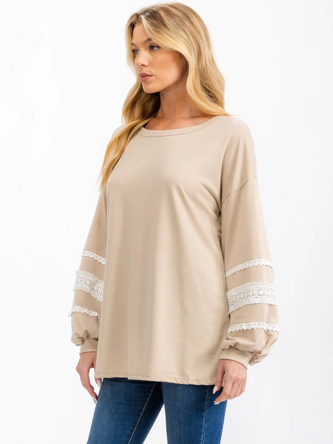 WOMEN'S LONG BALLON SLEEVE EMBROIDERY DETAILED TOP