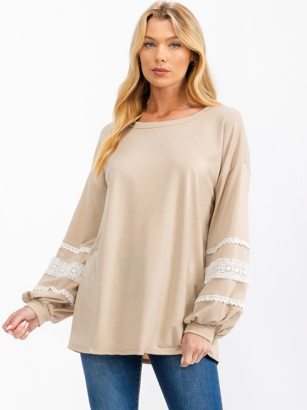 WOMEN'S LONG BALLON SLEEVE EMBROIDERY DETAILED TOP