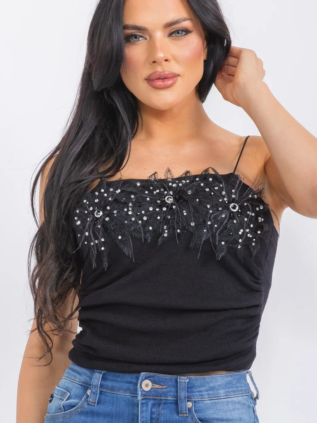 WOMEN'S SLEEVELESS RUCHED STUDS DETAILED TANK TOP