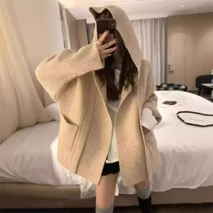 XIEYINSHE Silhouette hooded thickened pocket large size knitted cardigan women's autumn and winter new Korean design sense niche sweater jacket