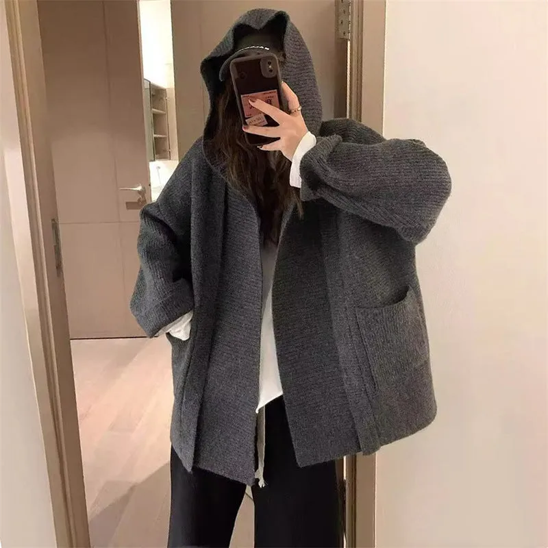 XIEYINSHE Silhouette hooded thickened pocket large size knitted cardigan women's autumn and winter new Korean design sense niche sweater jacket