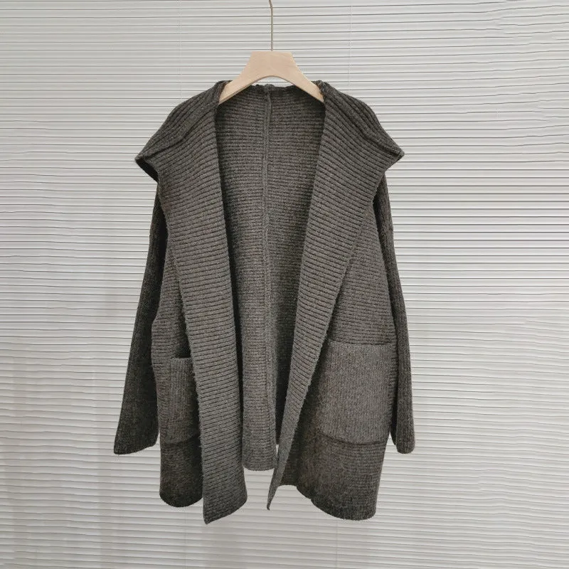 XIEYINSHE Silhouette hooded thickened pocket large size knitted cardigan women's autumn and winter new Korean design sense niche sweater jacket