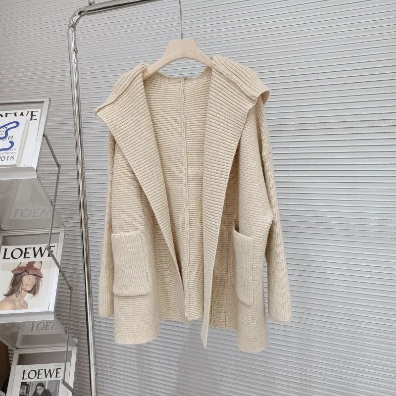 XIEYINSHE Silhouette hooded thickened pocket large size knitted cardigan women's autumn and winter new Korean design sense niche sweater jacket